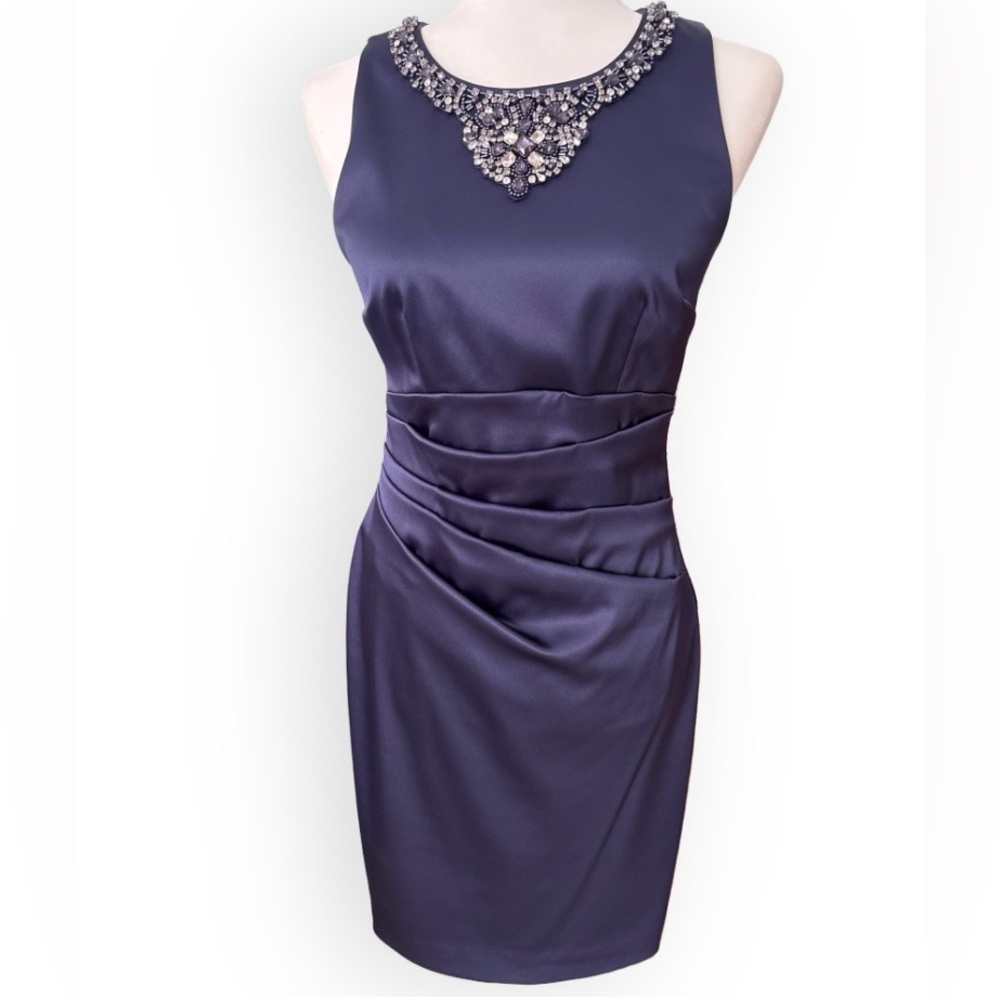 Eliza J Deep Purple Satin Mini Dress with Jeweled Neckline